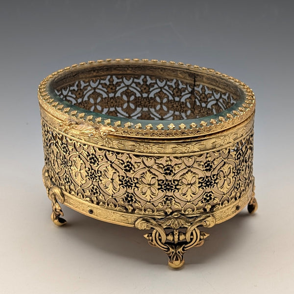 French vintage ormolu footed glass lid jewelry box